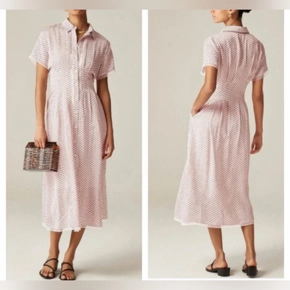 J Crew NWT Midi White w/ Tiny Red Flowers Short-Sleeve Shirt Dress. Size 6 - Picture 2 of 9